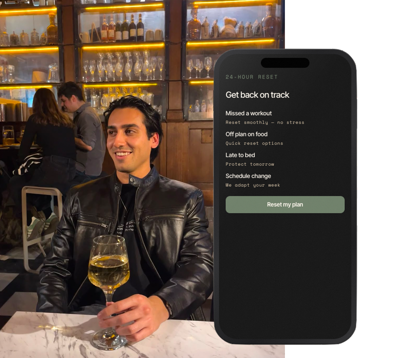 An ORDO member out at a bar, with the ORDO Card showing the 24-Hour Reset plan