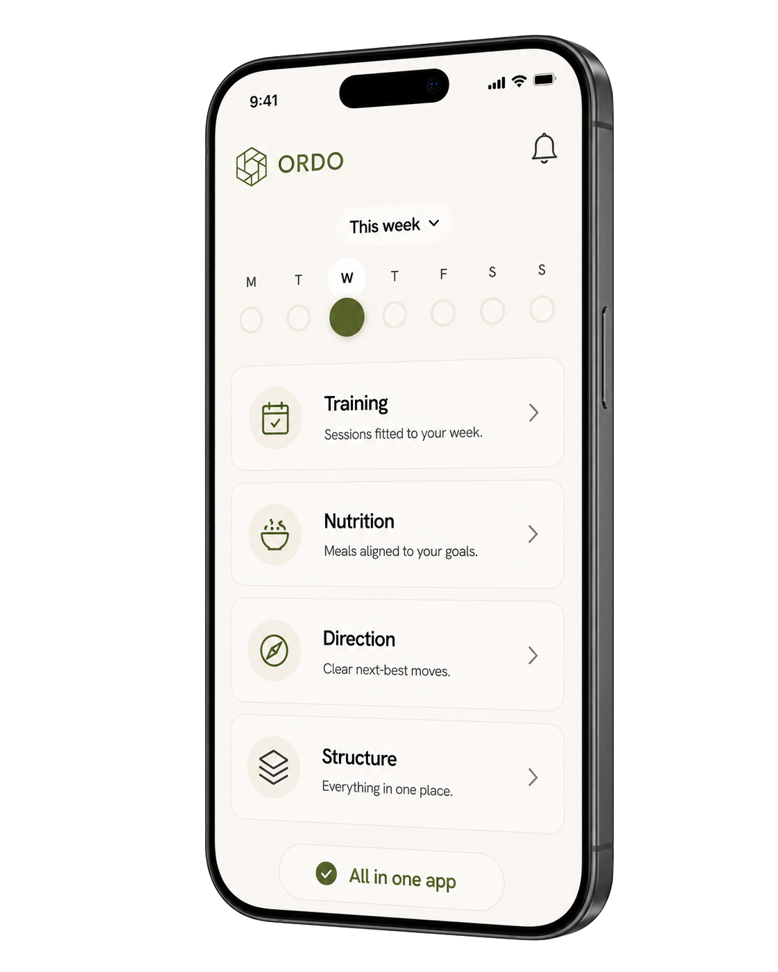 The ORDO app showing this week's plan — Training, Nutrition, Direction and Structure, all in one app